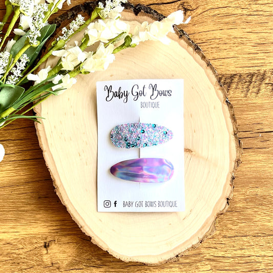 Snap Clip Set—Blue/lavender Sequin glitter