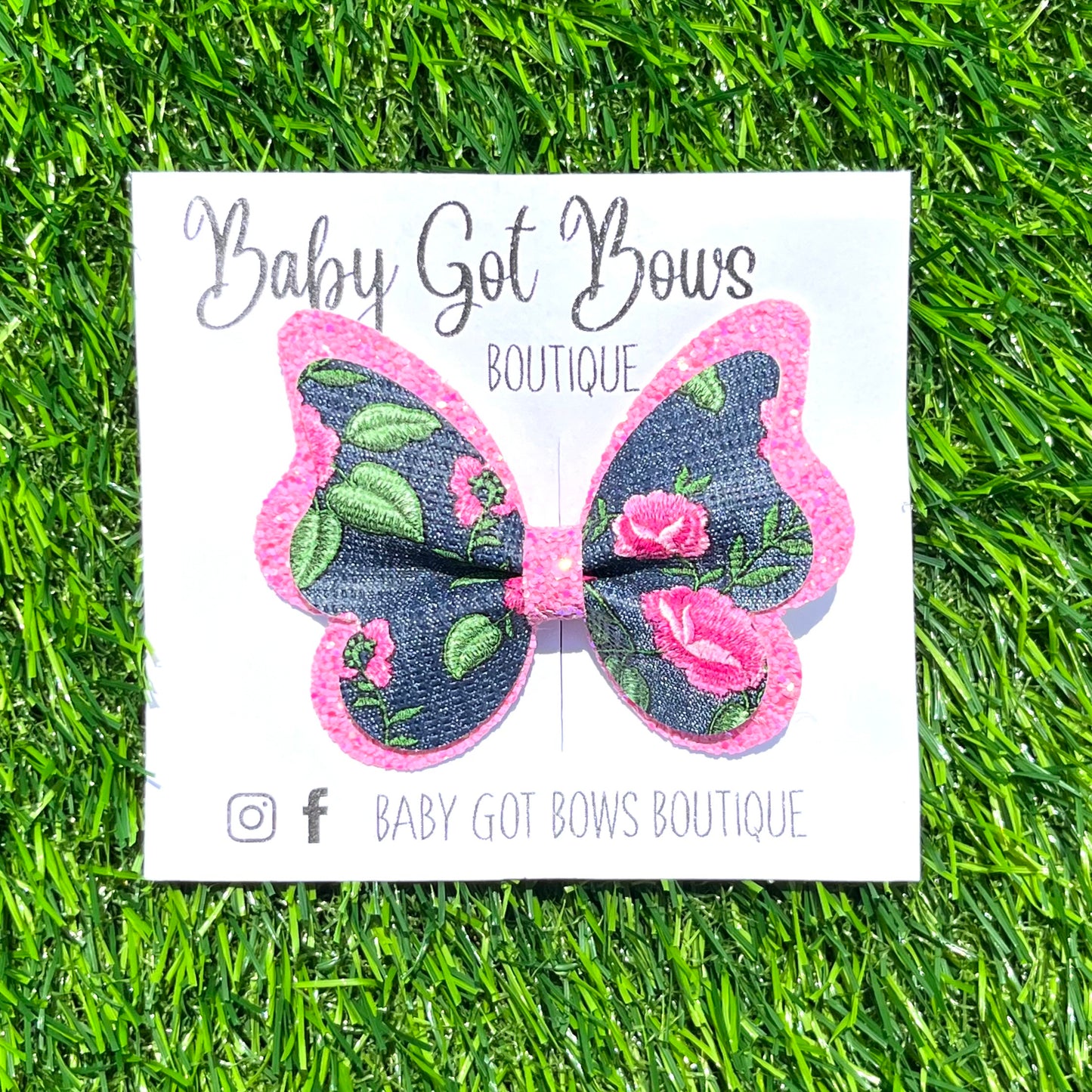 Butterfly Bow—Denim with Pink Flowers
