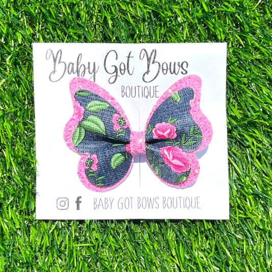 Butterfly Bow—Denim with Pink Flowers