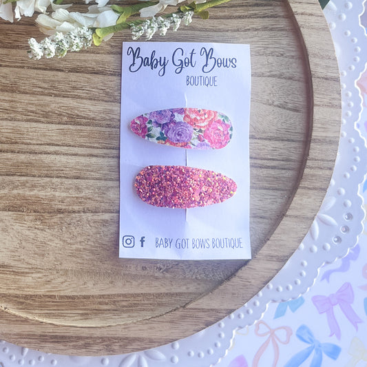 Snap Clip Set—Coral/lavender Floral