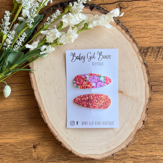 Snap Clip Set—Coral/lavender Floral
