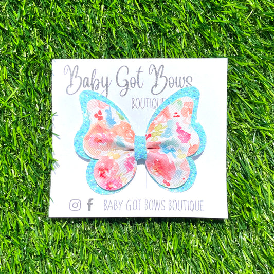Butterfly Bow—Coral/Blue Floral