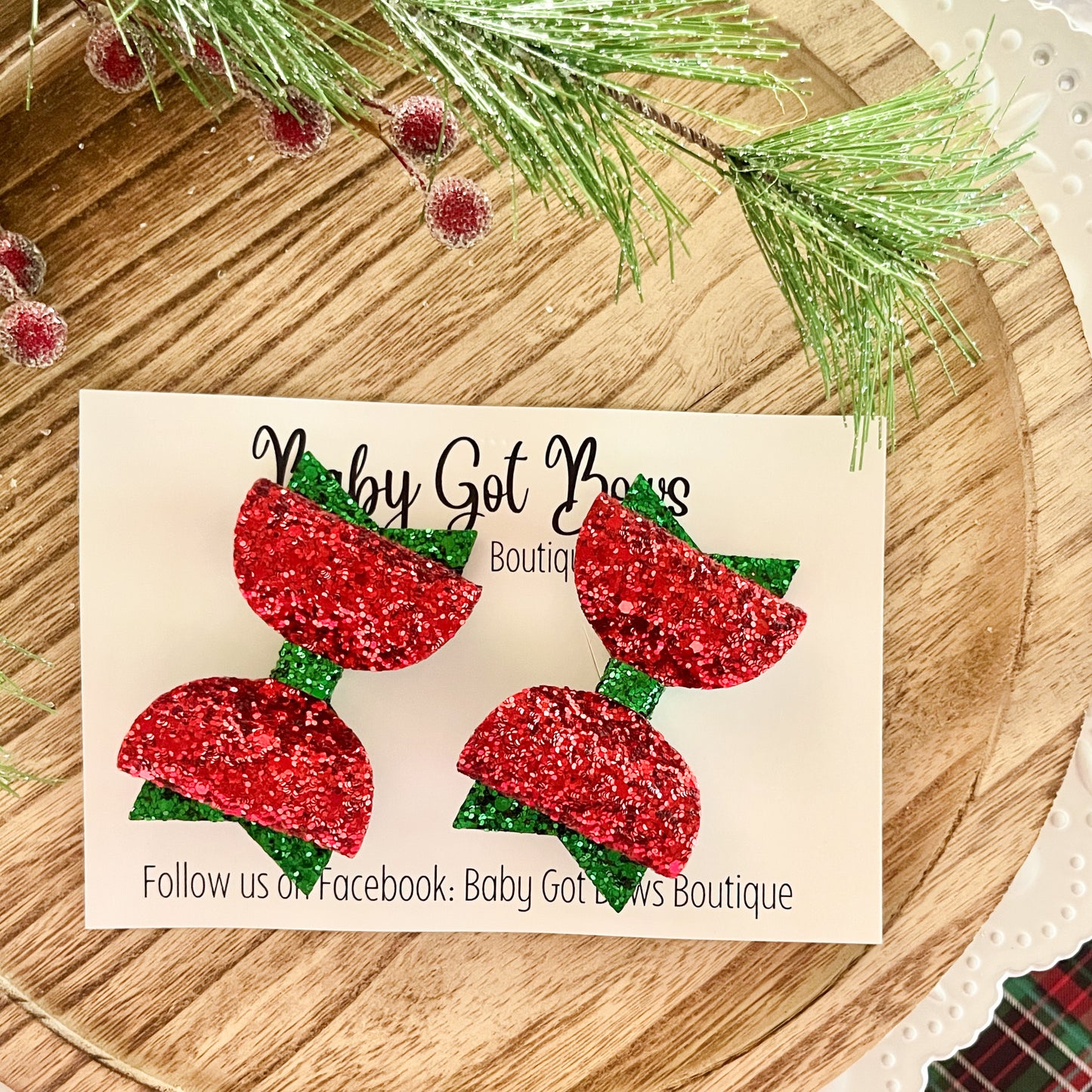 Piggie Bows—Red/Green glitter